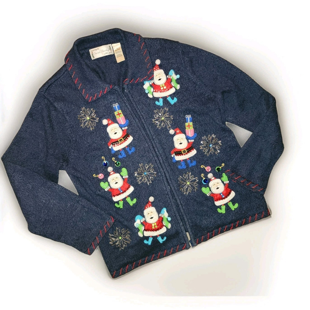 Sarah Bentley Navy Blue Christmas Full Zip Santa Cardigan Sweater Size XL